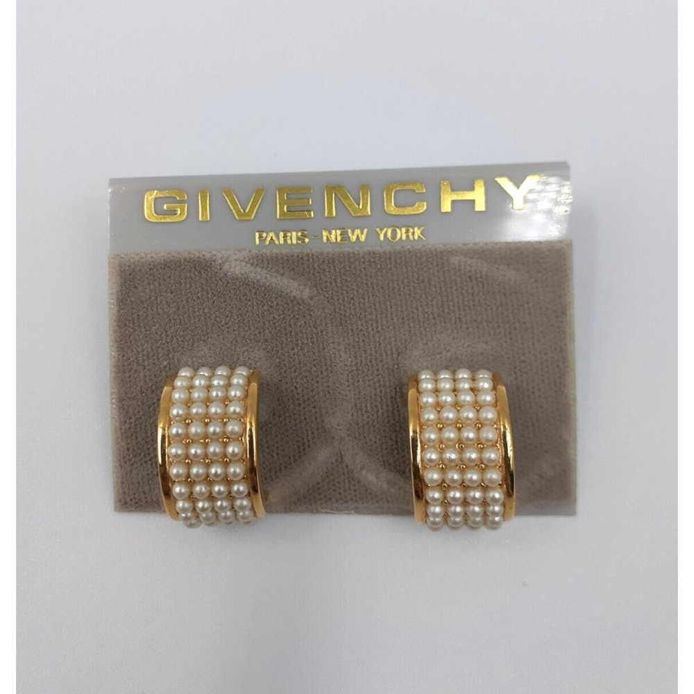 GIVENCHY Vintage Faux Multi-Pearl Gold Tone Semi Hoop Earrings Jewelry Women NWT